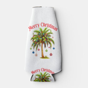Merry Christmas Palm Tree Light Hawaiian Tropical  Bottle Cooler