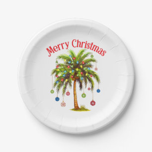 Merry Christmas Palm Tree Light Hawaiian Tropical  Paper Plate