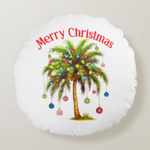 Merry Christmas Palm Tree Light Hawaiian Tropical Round Cushion