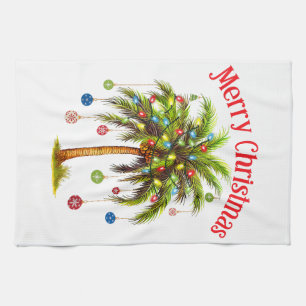 Merry Christmas Palm Tree Light Hawaiian Tropical  Tea Towel