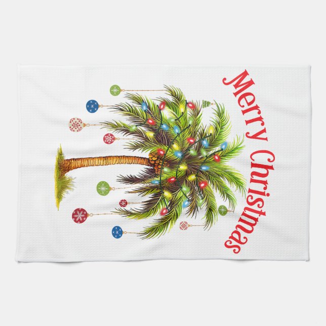Merry Christmas Palm Tree Light Hawaiian Tropical  Tea Towel (Horizontal)