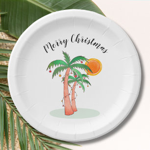 Merry Christmas Palm Trees Sun  Paper Plate