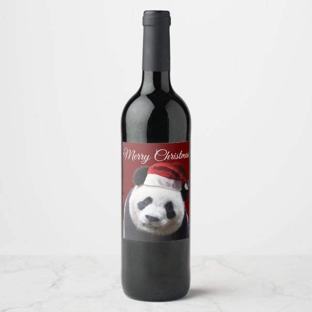 Merry Christmas Panda Bear Wine Label (Front)