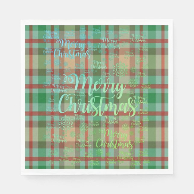 Merry Christmas Paper Napkins, Green & Red Plaid  Napkin (Front)