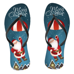Merry Christmas Parachuting Santa Holiday Gift Flip Flops