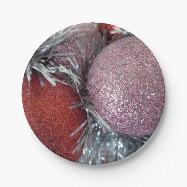 Merry Christmas Party Ball Red Pink Paper Plates (Front)