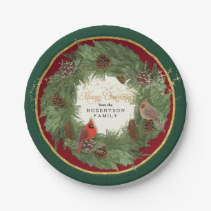 Merry Christmas Party Cardinals Pine Cone Wreath Paper Plate