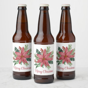 Merry Christmas Party Poinsettia Red Floral Beer Bottle Label