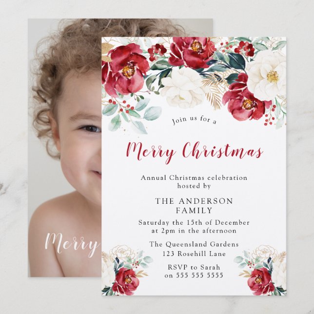 Merry Christmas Party Shimmer Burgundy Red Flowers Invitation (Front/Back)