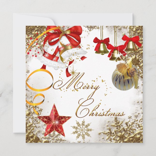 Merry Christmas Party White Gold Red Xmas Snow Invitation (Front)