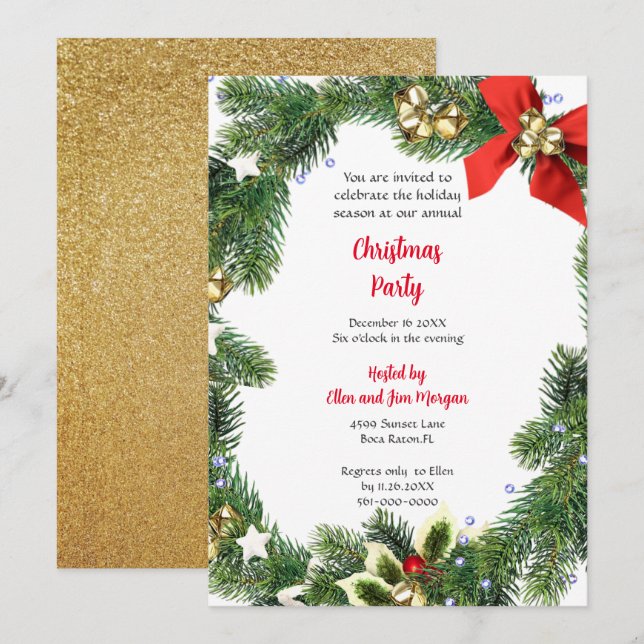 Merry Christmas Party with Holiday Greenery  Invitation (Front/Back)