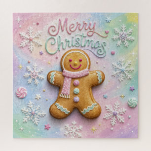 Merry Christmas Pastel Gingerbread Man Snowflakes Jigsaw Puzzle