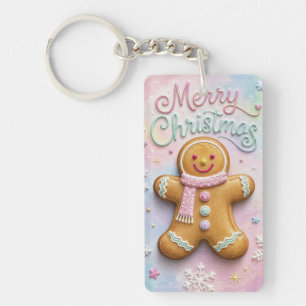 Merry Christmas Pastel Gingerbread Man Snowflakes Key Ring