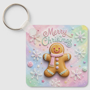 Merry Christmas Pastel Gingerbread Man Snowflakes Key Ring