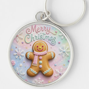 Merry Christmas Pastel Gingerbread Man Snowflakes Key Ring