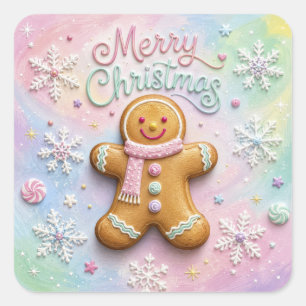 Merry Christmas Pastel Gingerbread Man Snowflakes Square Sticker