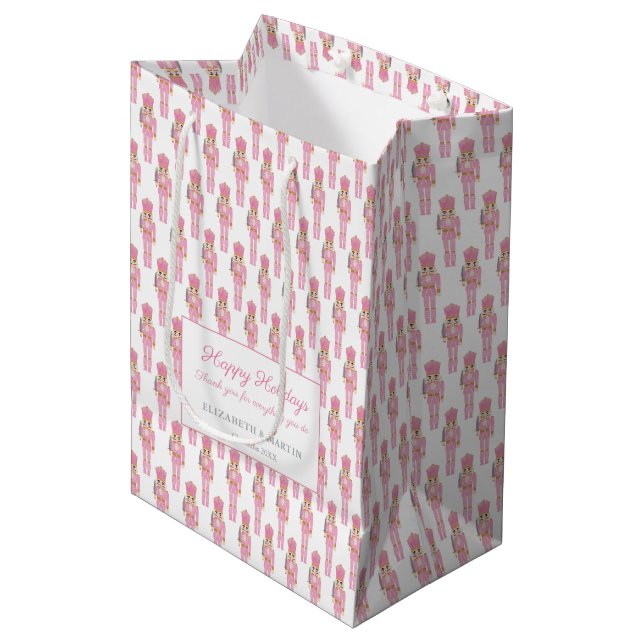 Merry Christmas Pastel Pink Nutcracker Holidays Medium Gift Bag (Front Angled)