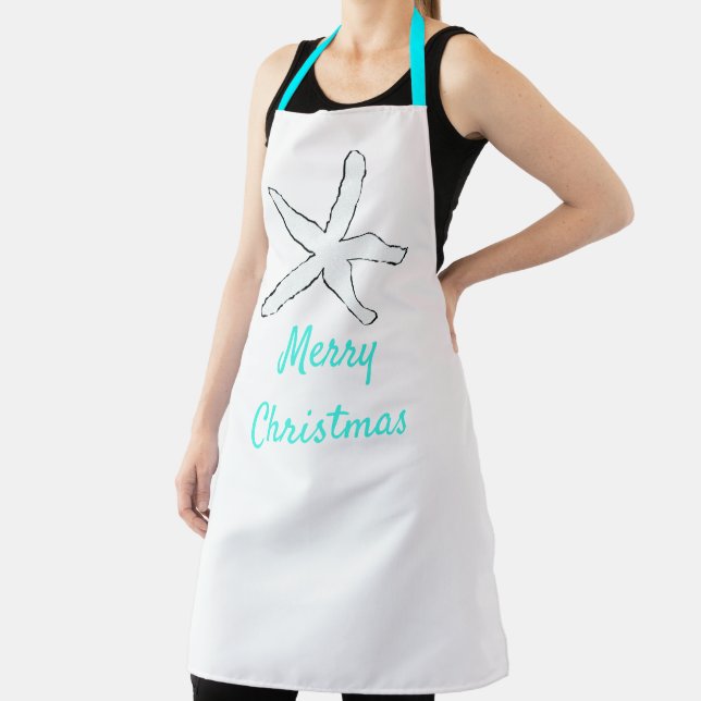 Merry Christmas Pastel Teal Blue Starfish Cute Apron (Insitu)