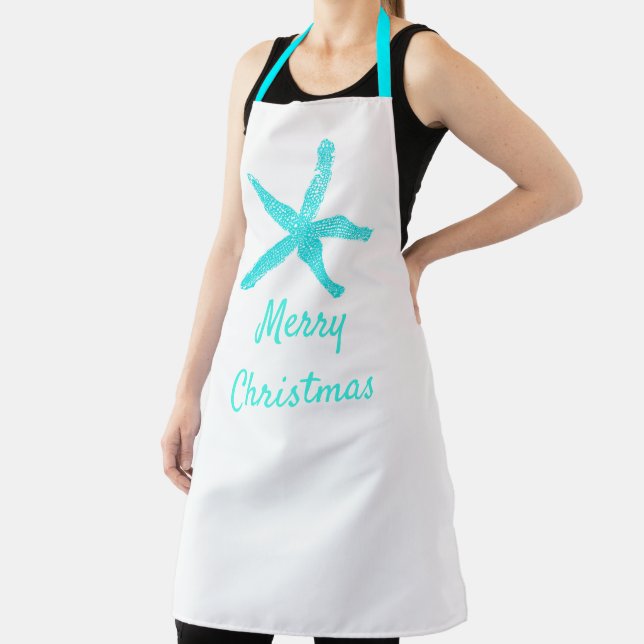 Merry Christmas Pastel Teal Blue Starfish White Apron (Insitu)