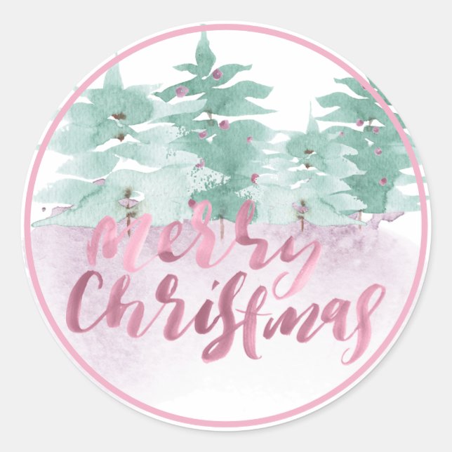 Merry Christmas Pastel Watercolor Holiday Classic Round Sticker (Front)