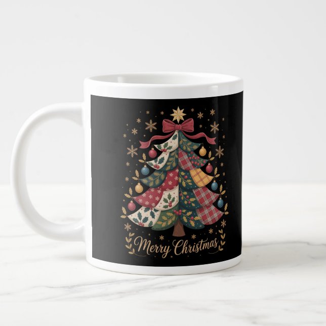 Merry Christmas Patchwork Christmas Tree Large Coffee Mug (Left)