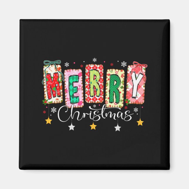 Merry Christmas Patchwork Coquette Bow Xmas Girl W Magnet (Front)