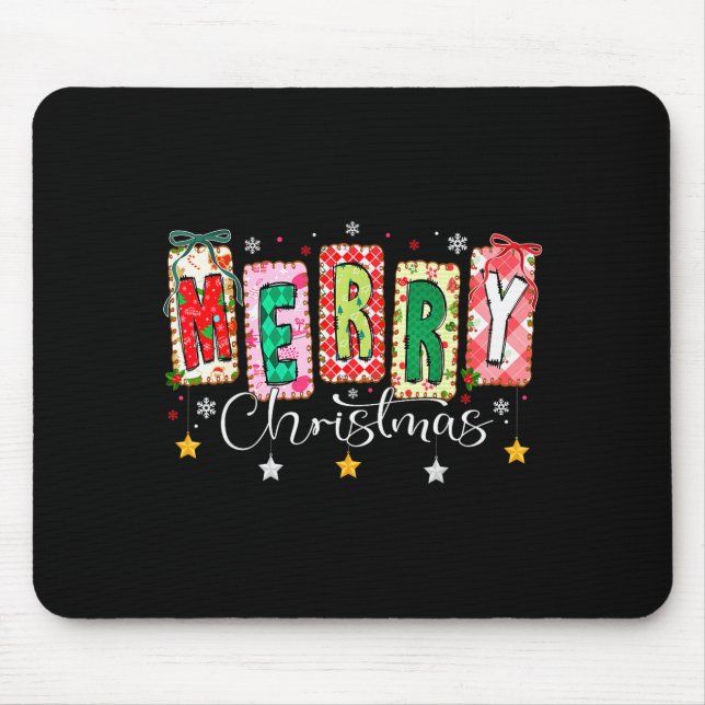 Merry Christmas Patchwork Coquette Bow Xmas Girl W Mouse Mat (Front)