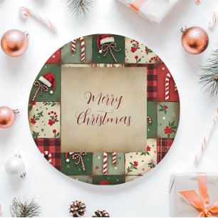 Merry Christmas Patchwork Holiday Paper Plate