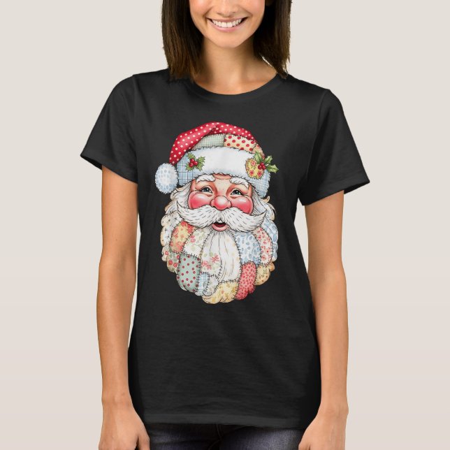 Merry Christmas Patchwork Santa Claus Face X-mas H T-Shirt (Front)