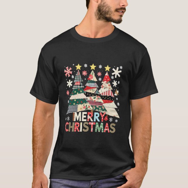 Merry Christmas Patchwork Tree Rustic Holiday Art T-Shirt (Front)