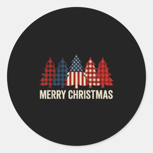 Merry Christmas Patriotic Usa Flag Tree Xmas Holid Classic Round Sticker (Front)