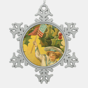 Merry Christmas Patriotic USA Snowflake Pewter Christmas Ornament