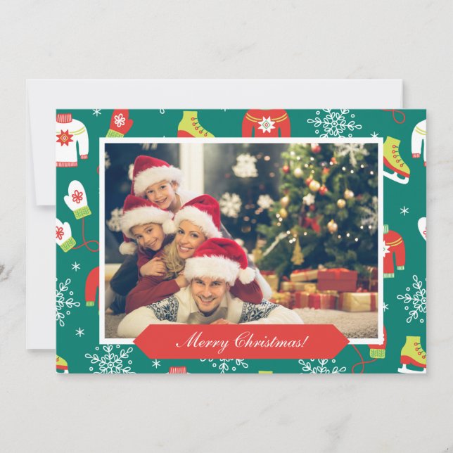 Merry Christmas Pattern Family Photo Teal Holiday Card (Front)