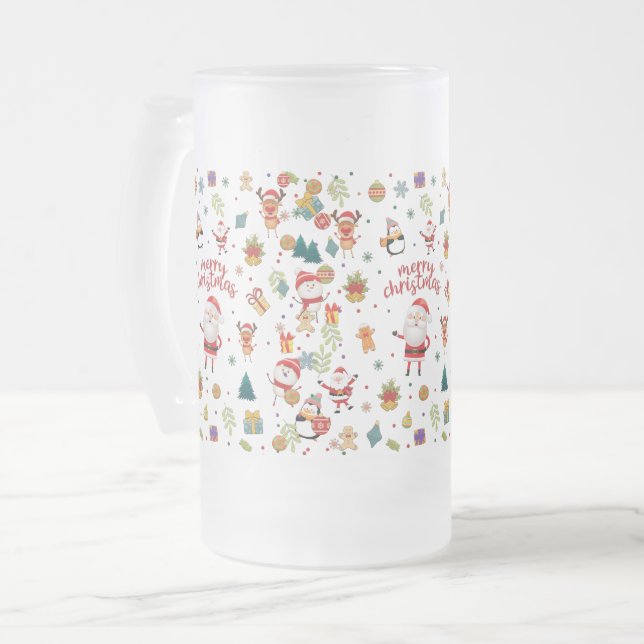 Merry Christmas Pattern Frosted Glass Beer Mug (Front Left)