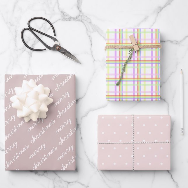 Merry Christmas Pattern Rainbow Blush Pastel Wrapping Paper Sheet (Front)