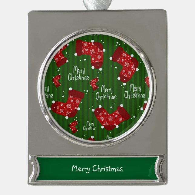 Merry Christmas Pattern Red White And Green Silver Plated Banner Ornament (Front)
