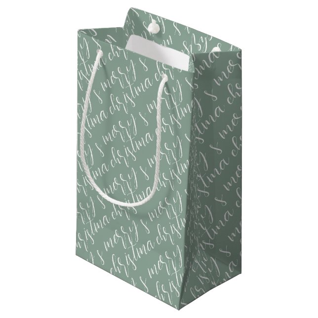 Merry Christmas Pattern Sage Green Small Gift Bag (Front Angled)