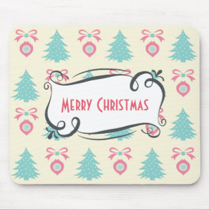 Merry Christmas Pattern with Trees Baubles & Bows Mouse Mat