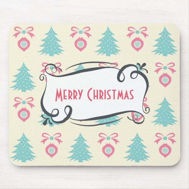 Merry Christmas Pattern with Trees Baubles & Bows Mouse Mat (Front)