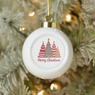 Merry Christmas Patterned Trees Leopard Red Stripe Ceramic Ball Christmas Ornament