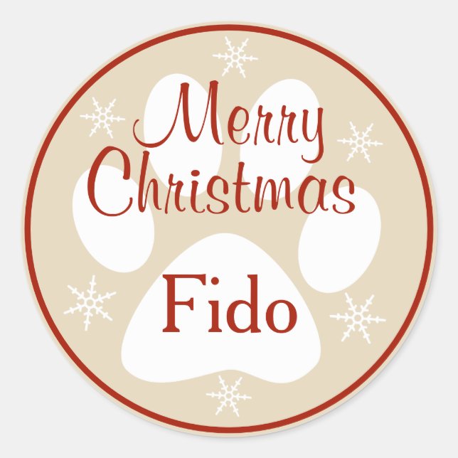 Merry Christmas Paw Print Snowflakes Pet's Name Classic Round Sticker (Front)