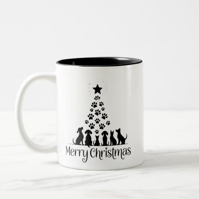 Merry Christmas Paw Tree Dog Lover Cat Lover Mum Two-Tone Coffee Mug (Left)