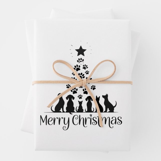 Merry Christmas Paw Tree Dog Lover Cat Lover Mum Wrapping Paper Sheet (In situ)