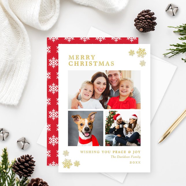 Merry Christmas Peace and Joy Photo Collage Gold Foil Holiday Card (Creator Uploaded)