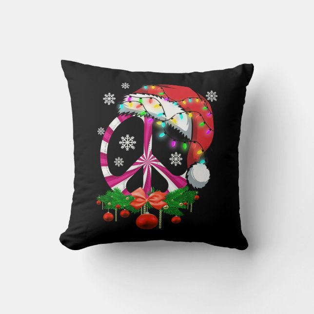 Merry Christmas Peace Sign With Santa Hat Decor Pe Cushion (Front)