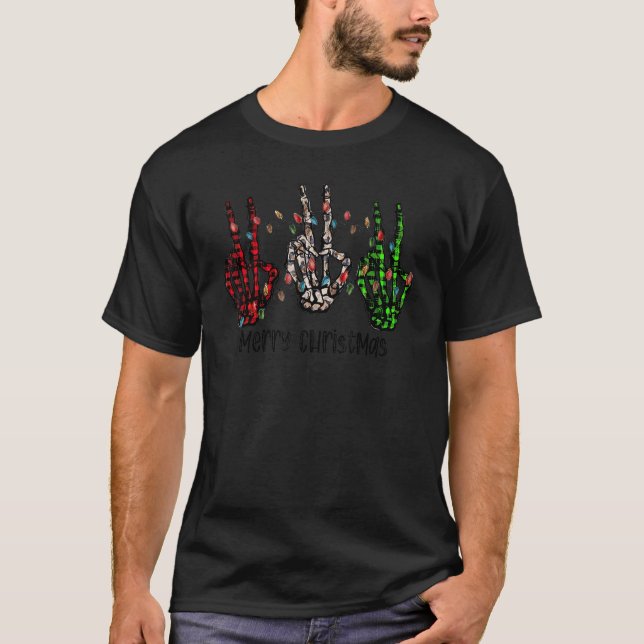 Merry Christmas Peace Skeleton Hand Peace Xmas T-Shirt (Front)