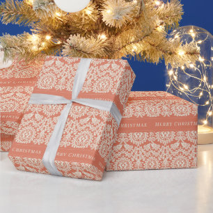 Merry Christmas Peach Damask Pattern Customisable Wrapping Paper