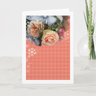 Merry Christmas Peach Roses Plaid Holiday Card