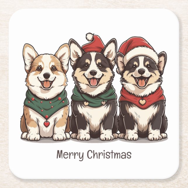 Merry Christmas Pembroke Welsh Corgi Dogs Square Paper Coaster (Front)
