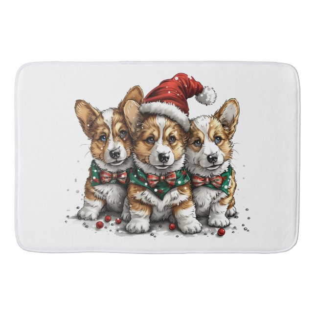 Merry Christmas Pembroke Welsh Corgi Puppies Bath Mat (Front)